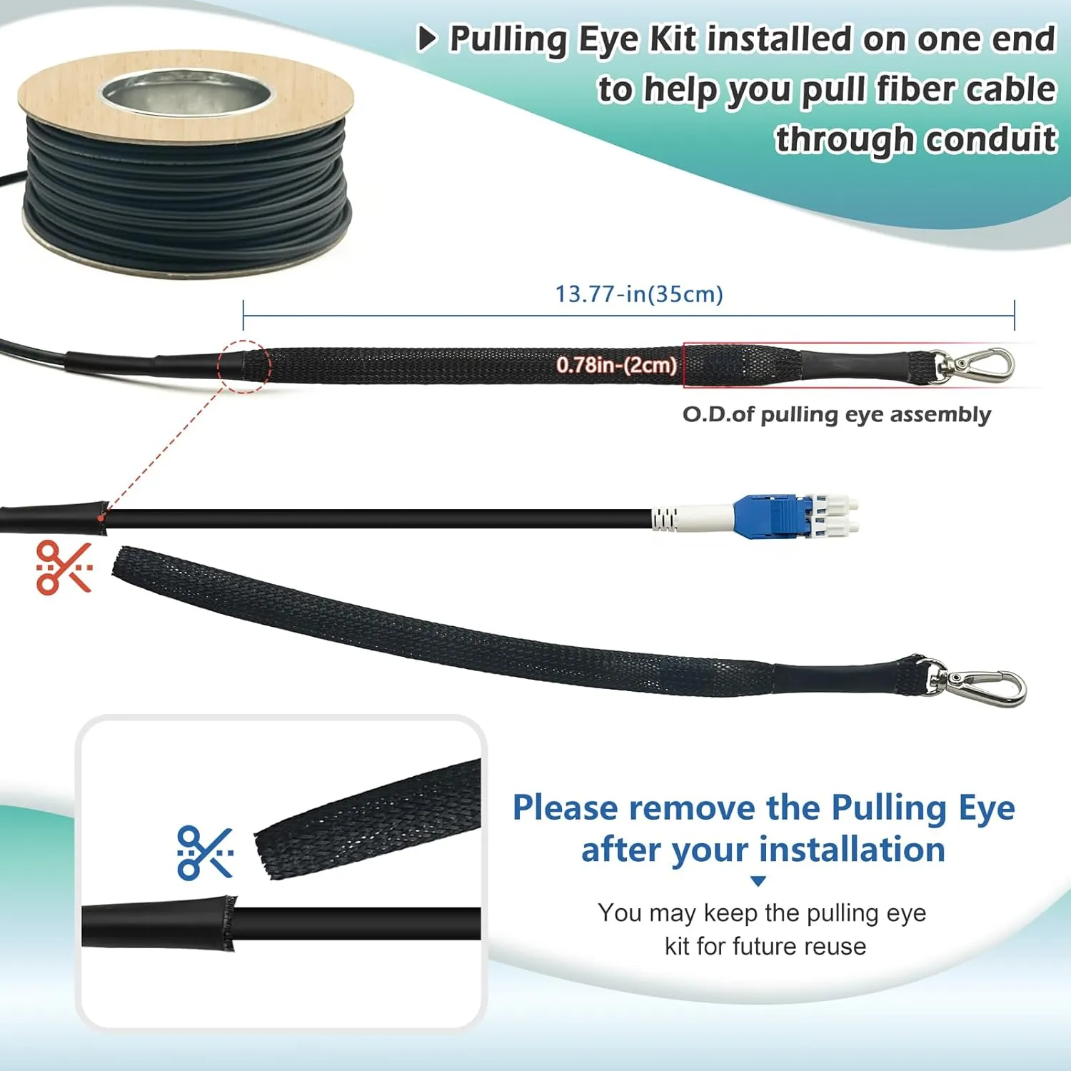 656ft/200m OD-5mm Industrial TPU OS2 LC to LC Outdoor Armored Fiber Optic Cable, Duplex Single Mode Fiber Patch Cable, 9/125um Uniboot LC Fiber with Pulling Eye Kit Installed on one end
