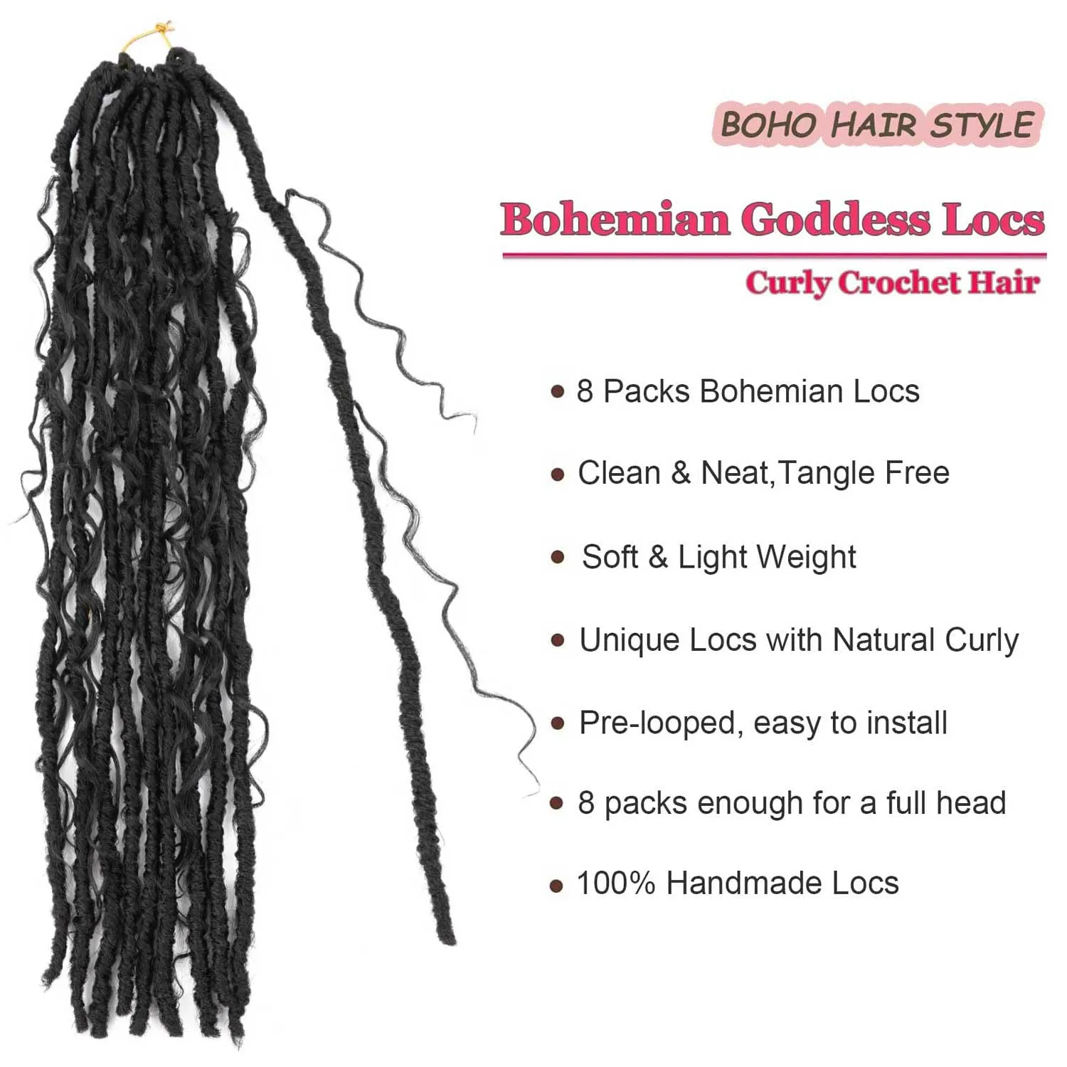 8 Packs Goddess Locs Crochet Hair Boho Braids 24 Inch Faux Locs Crochet Hair with Curly Distressed Soft Locs Crochet Braids for Black Women (1B, 24 Inch(Pack of 8))