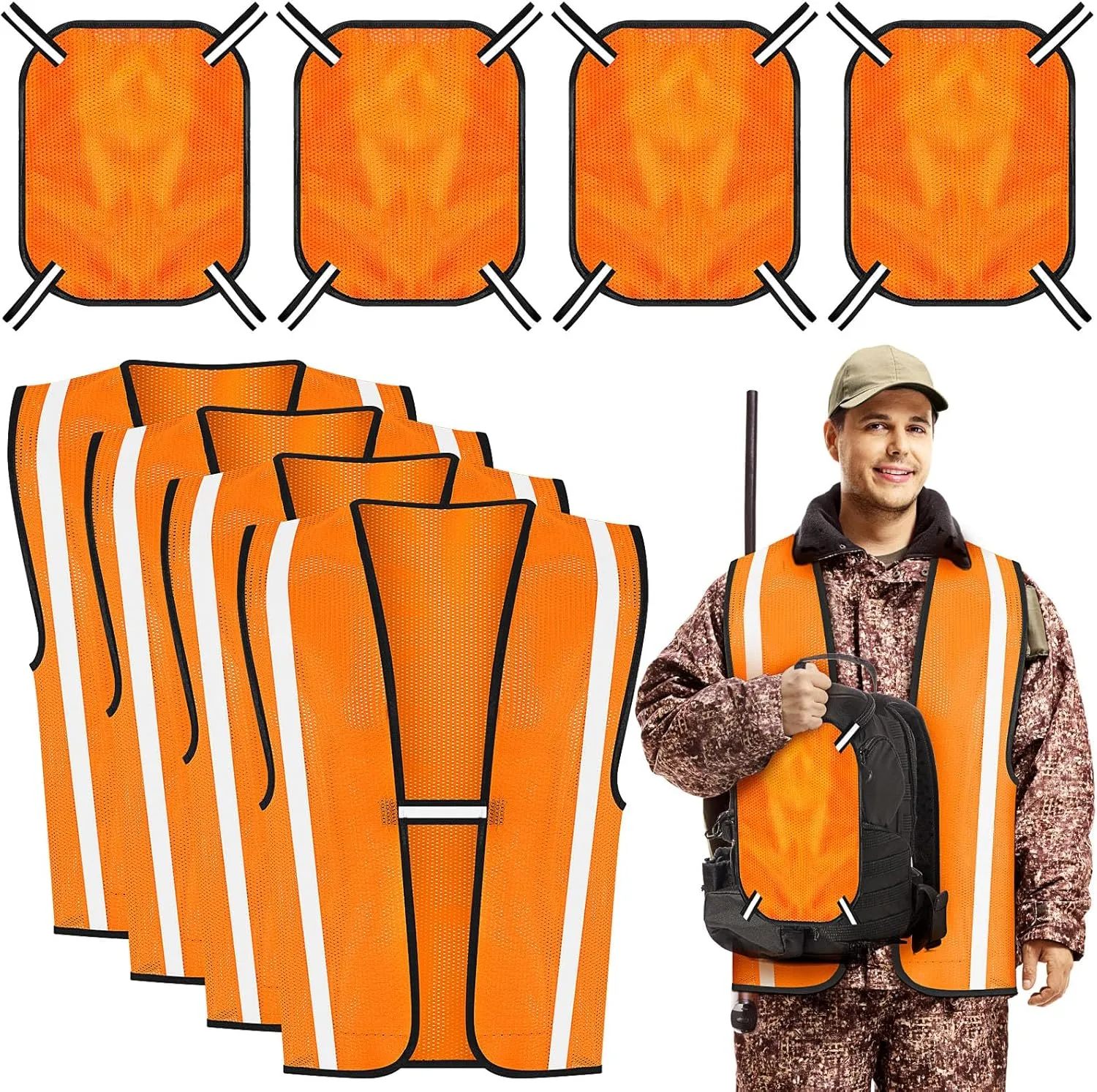 8 Pcs Blaze Orange Mesh Hunting Vest and Panel Set High Visibility Mesh Panel Orange Hunting Vest for Men Women Hiking Backpack Camping Tents Blinds