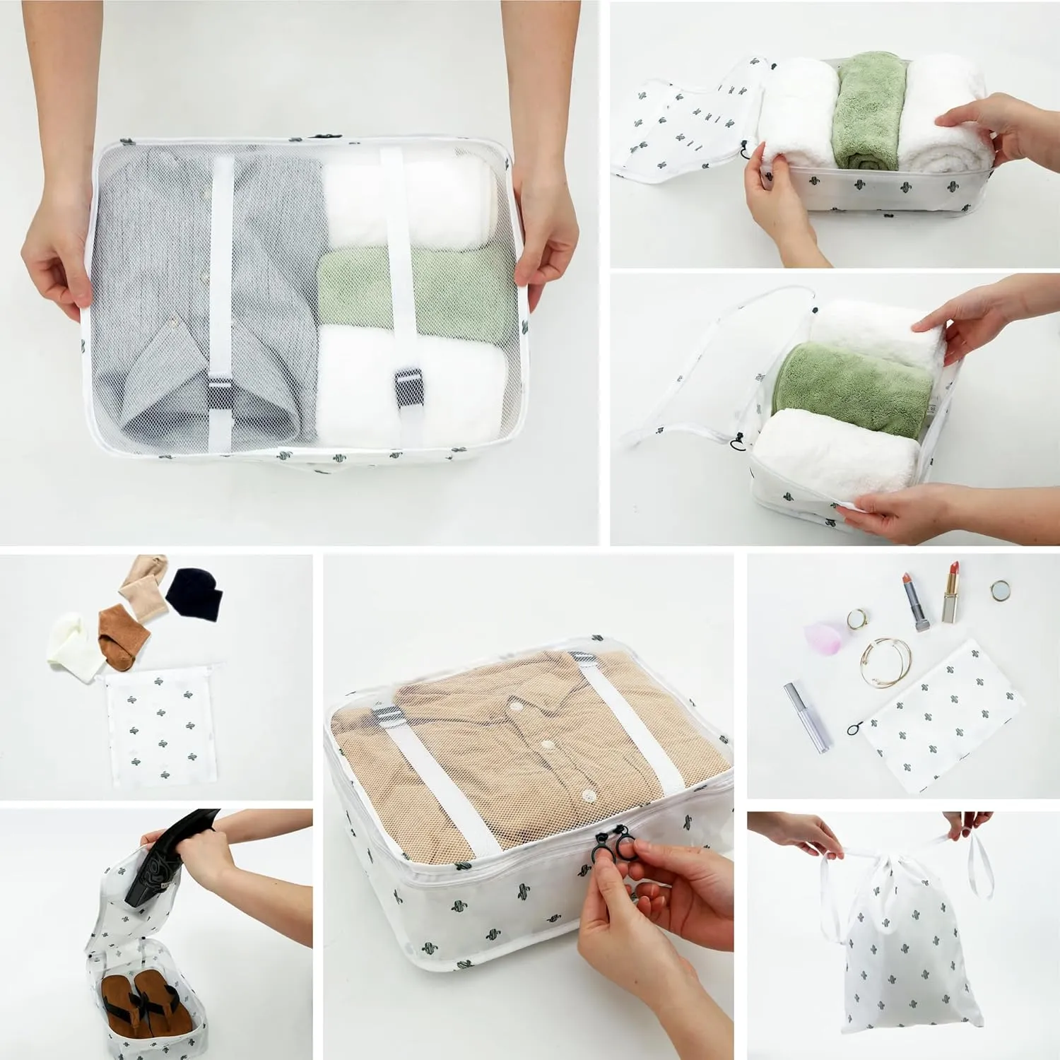 8 Set Packing Cubes for Suitcases - Travel Luggage Packing Organizers with Shoe Bag, Toiletry Bag, Laundry Bag (Cactus)