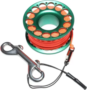 98FT SCUBA DIVING REEL: Aluminum Finger Spool with Stainless Steel Double-End Bolt Snap, Bright Color Nylon Line, Large Center Hole, and Easy to Hang Buckle for Wreck and Reef Diving (GREEN)