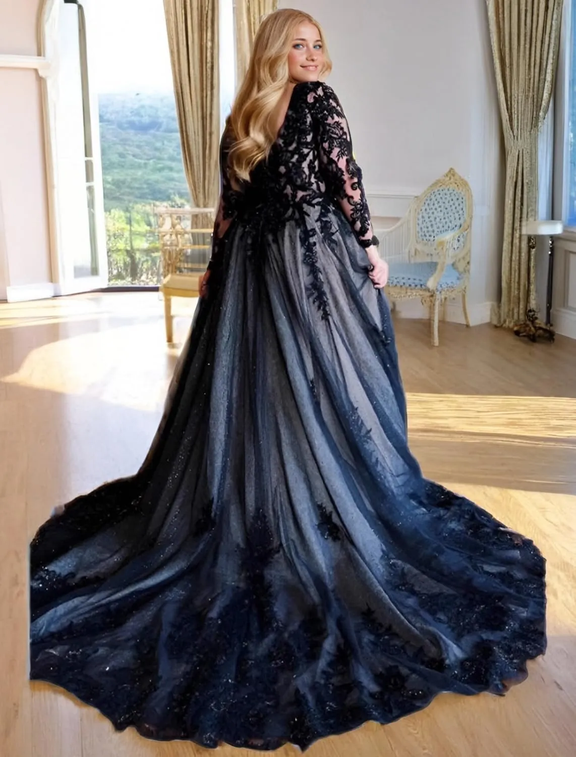 A-Line Elegant Evening Dress Court Train V-Neck Long Sleeves Ruched Appliques Prom Dress 2025
