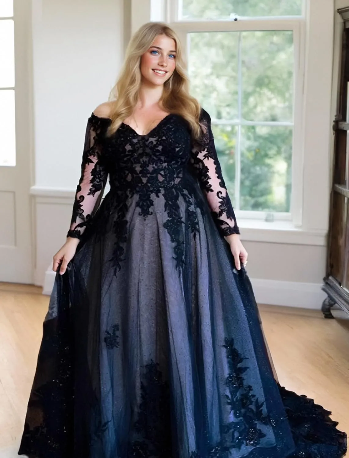 A-Line Elegant Evening Dress Court Train V-Neck Long Sleeves Ruched Appliques Prom Dress 2025