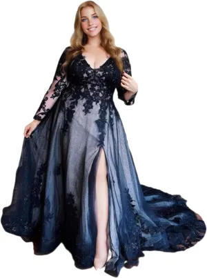 A-Line Elegant Evening Dress Court Train V-Neck Long Sleeves Ruched Appliques Prom Dress 2025