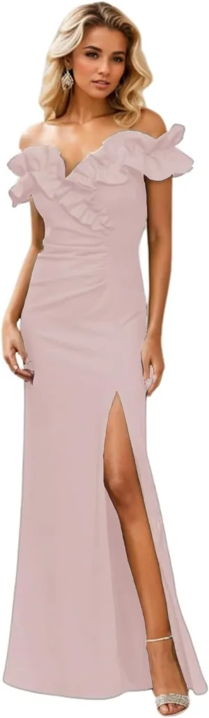 A Line Evening Dress Formal Wedding Guest Dress Off Shoulder Sleeveless Floor Length Stretch Crepe Slit Ruched 2024