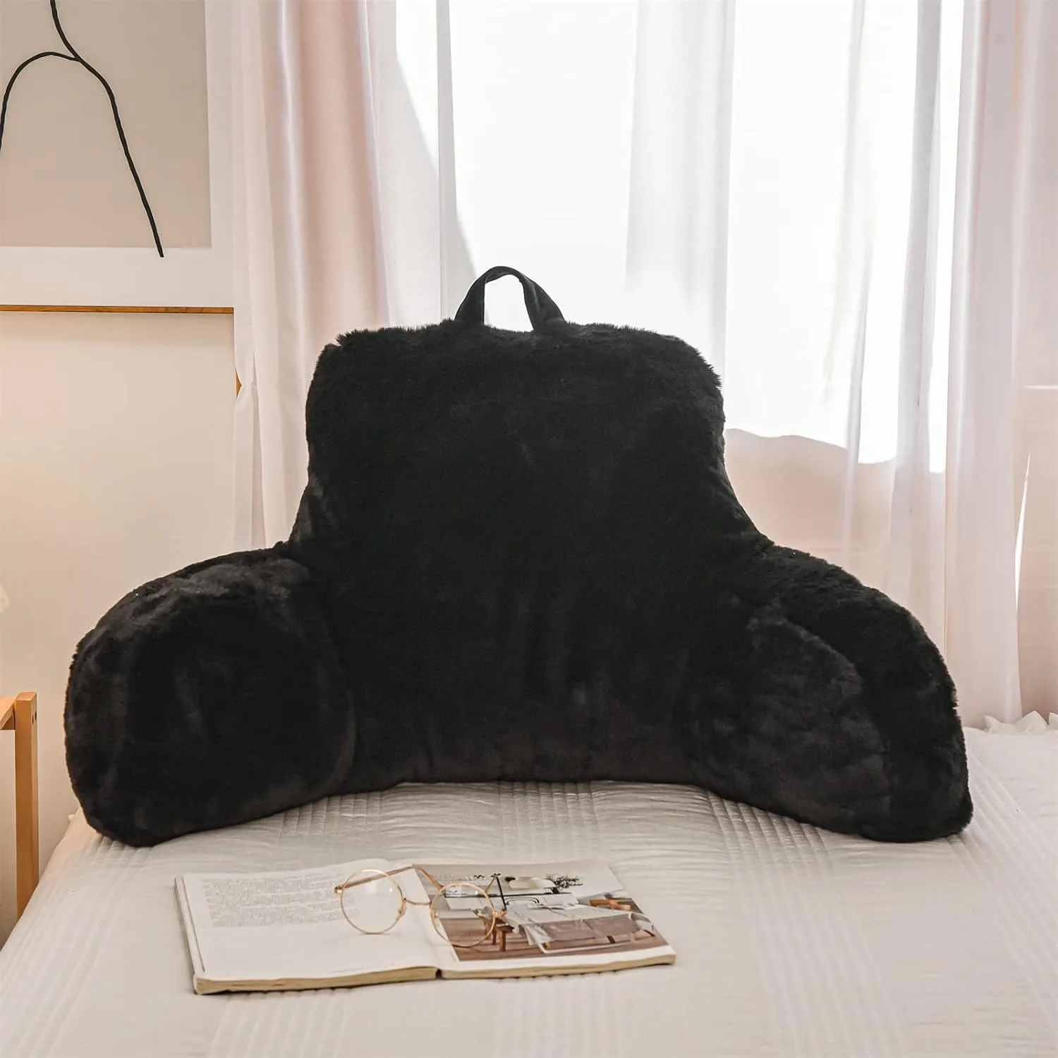 A Nice Night Faux Fur Reading Pillow Bed Wedge Large Adult Children Backrest with Arms Back Support for Sitting Up in Bed/Couch for Bedrest,Black,Large