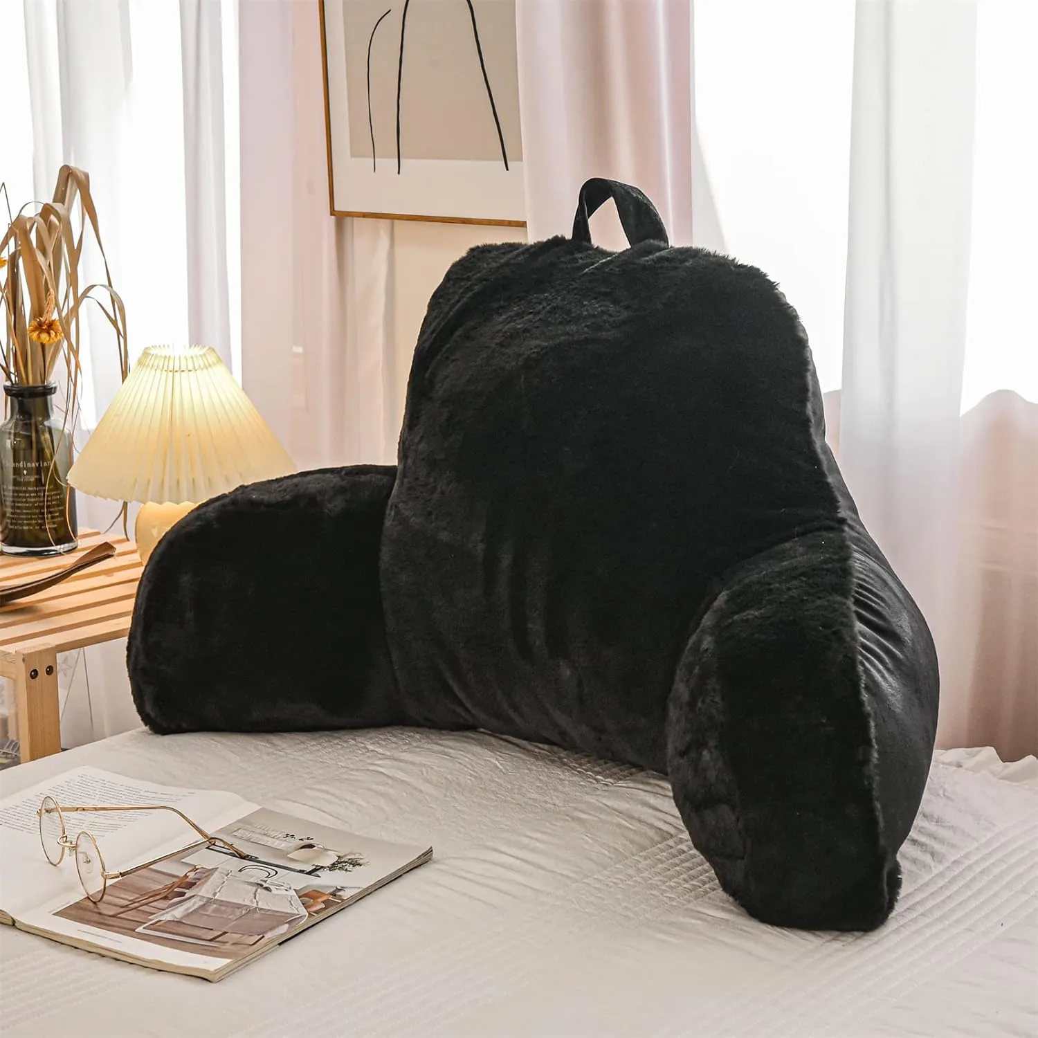A Nice Night Faux Fur Reading Pillow Bed Wedge Large Adult Children Backrest with Arms Back Support for Sitting Up in Bed/Couch for Bedrest,Black,Large