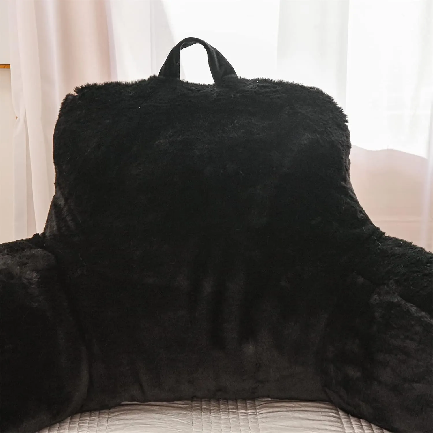 A Nice Night Faux Fur Reading Pillow Bed Wedge Large Adult Children Backrest with Arms Back Support for Sitting Up in Bed/Couch for Bedrest,Black,Large