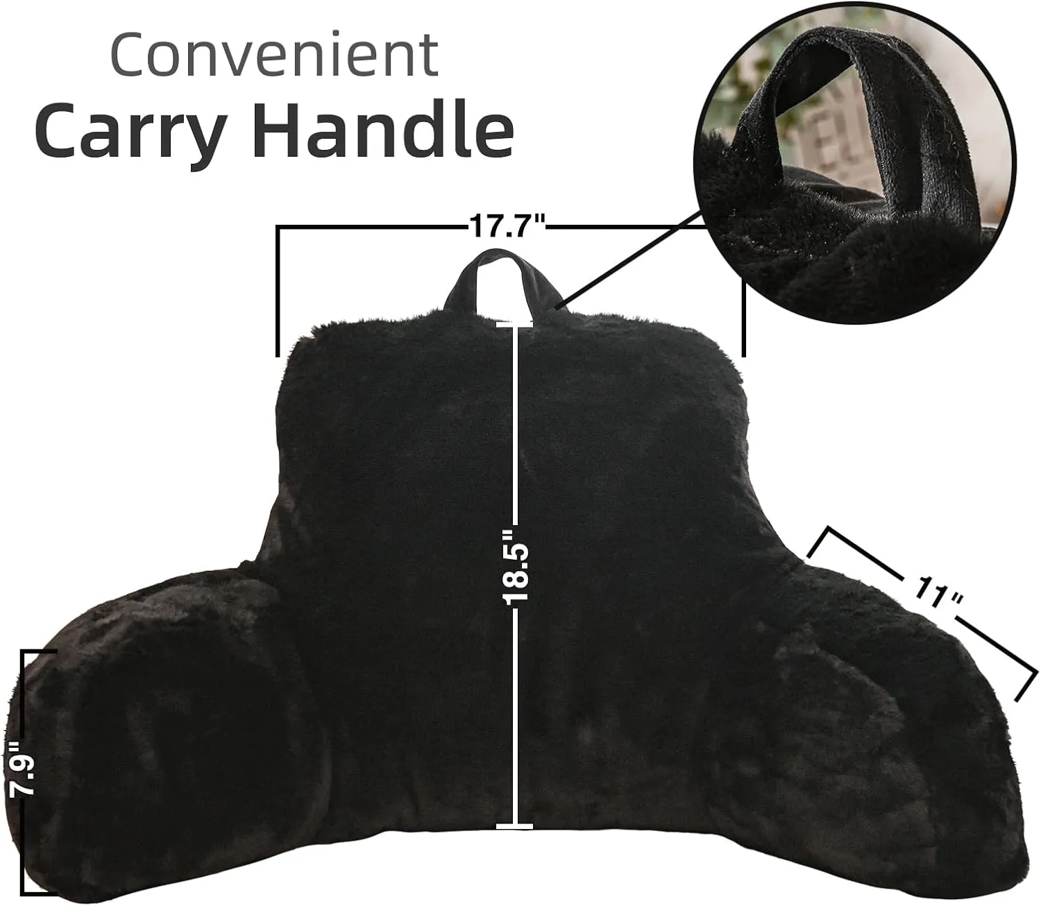 A Nice Night Faux Fur Reading Pillow Bed Wedge Large Adult Children Backrest with Arms Back Support for Sitting Up in Bed/Couch for Bedrest,Black,Large