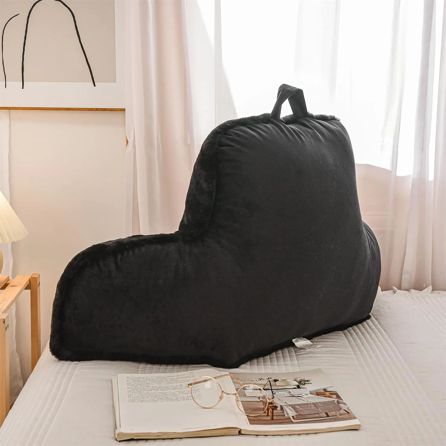 A Nice Night Faux Fur Reading Pillow Bed Wedge Large Adult Children Backrest with Arms Back Support for Sitting Up in Bed/Couch for Bedrest,Black,Large