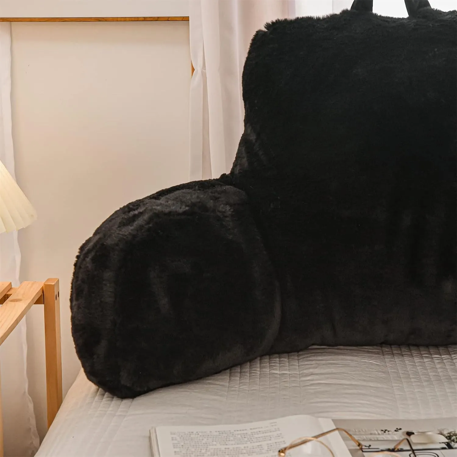 A Nice Night Faux Fur Reading Pillow Bed Wedge Large Adult Children Backrest with Arms Back Support for Sitting Up in Bed/Couch for Bedrest,Black,Large