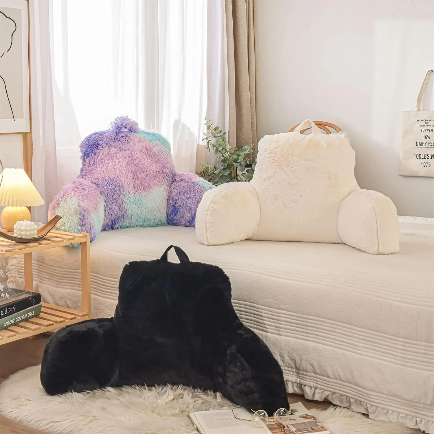 A Nice Night Faux Fur Reading Pillow Bed Wedge Large Adult Children Backrest with Arms Back Support for Sitting Up in Bed/Couch for Bedrest,Black,Large