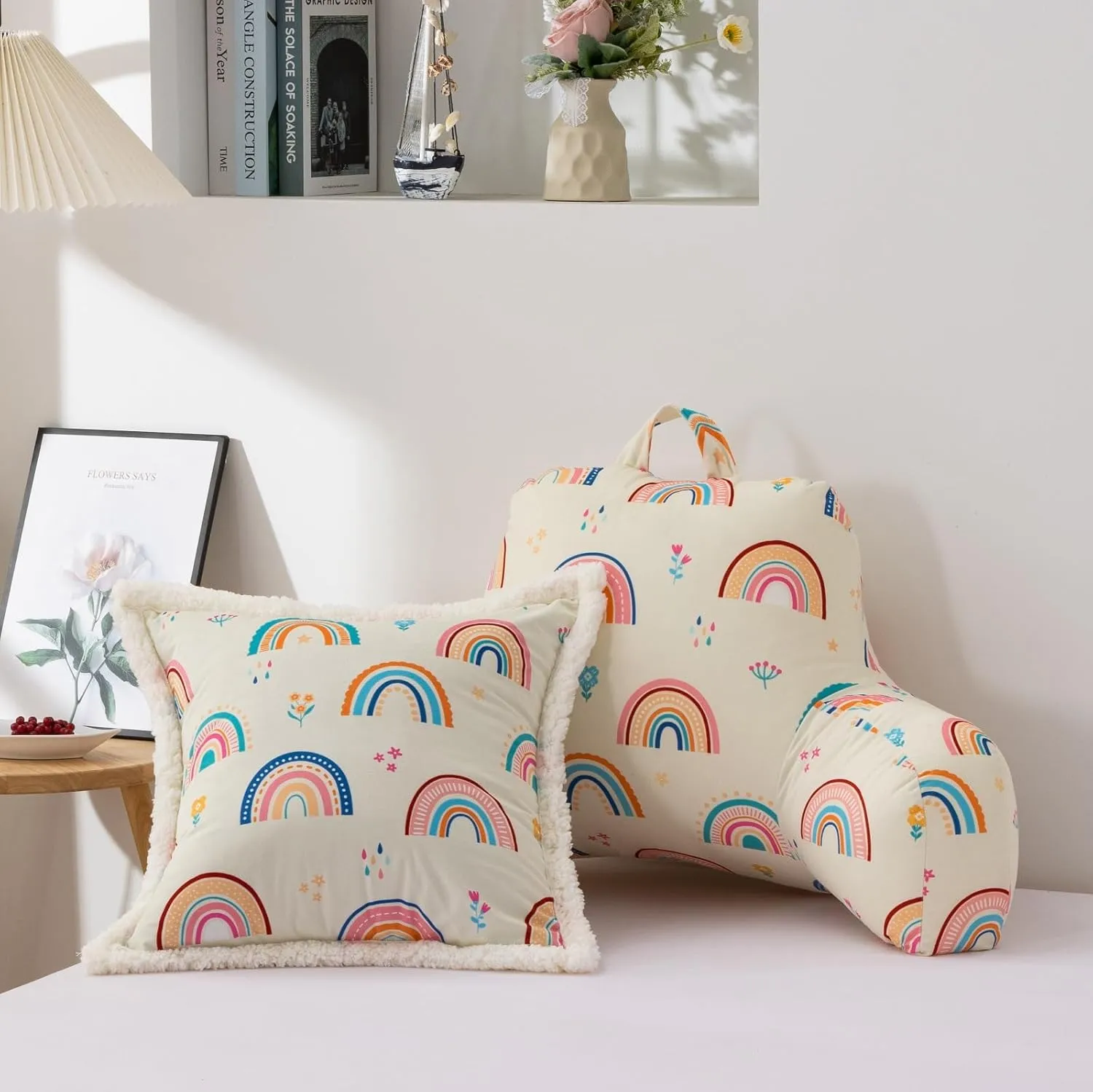 A Nice Night Kids Back Reading Pillow for Reading and Watching TV Bed Pillow, Cartoon Love Hearts Flowers and Grass Printed，with Matching Cushion Cover