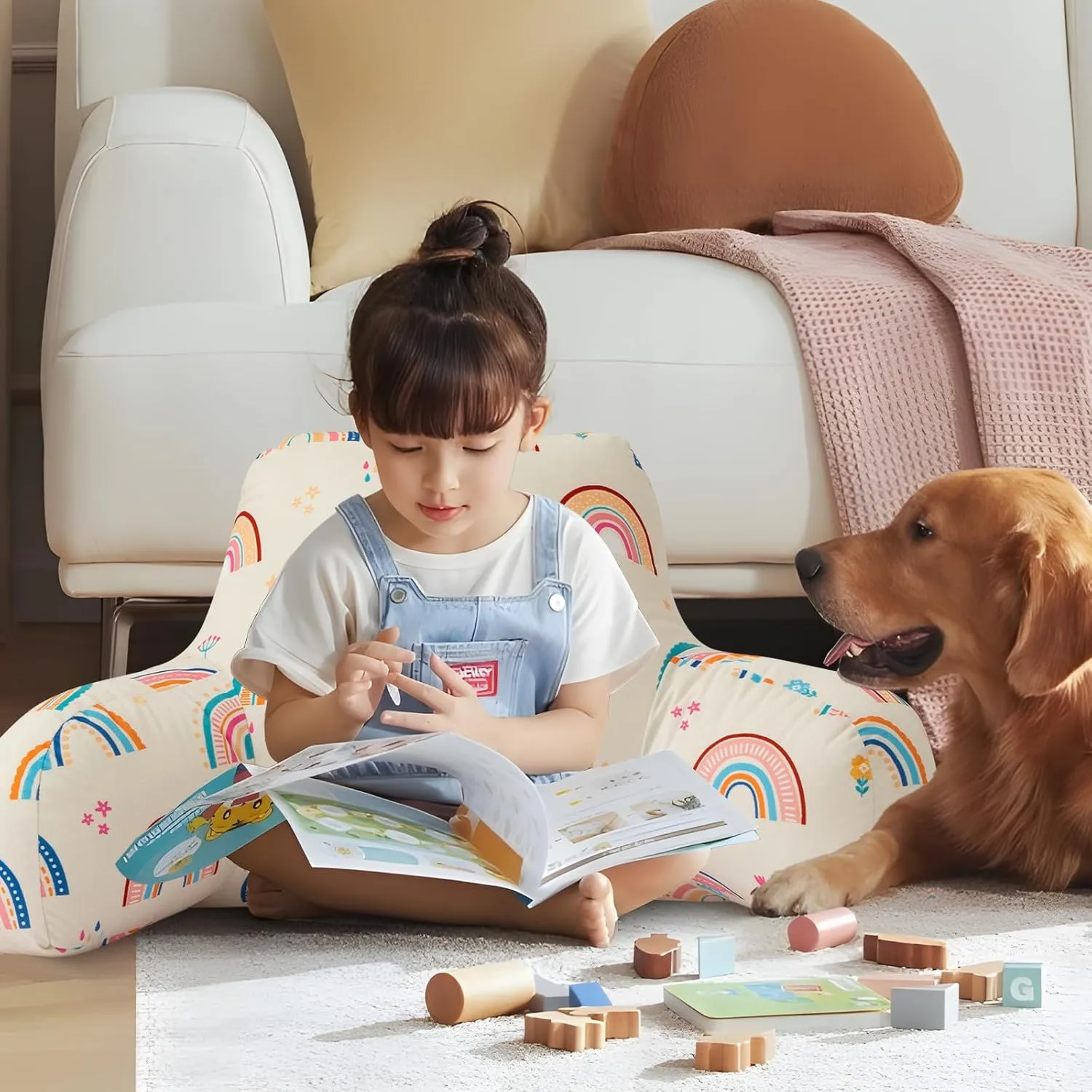 A Nice Night Kids Back Reading Pillow for Reading and Watching TV Bed Pillow, Cartoon Love Hearts Flowers and Grass Printed，with Matching Cushion Cover