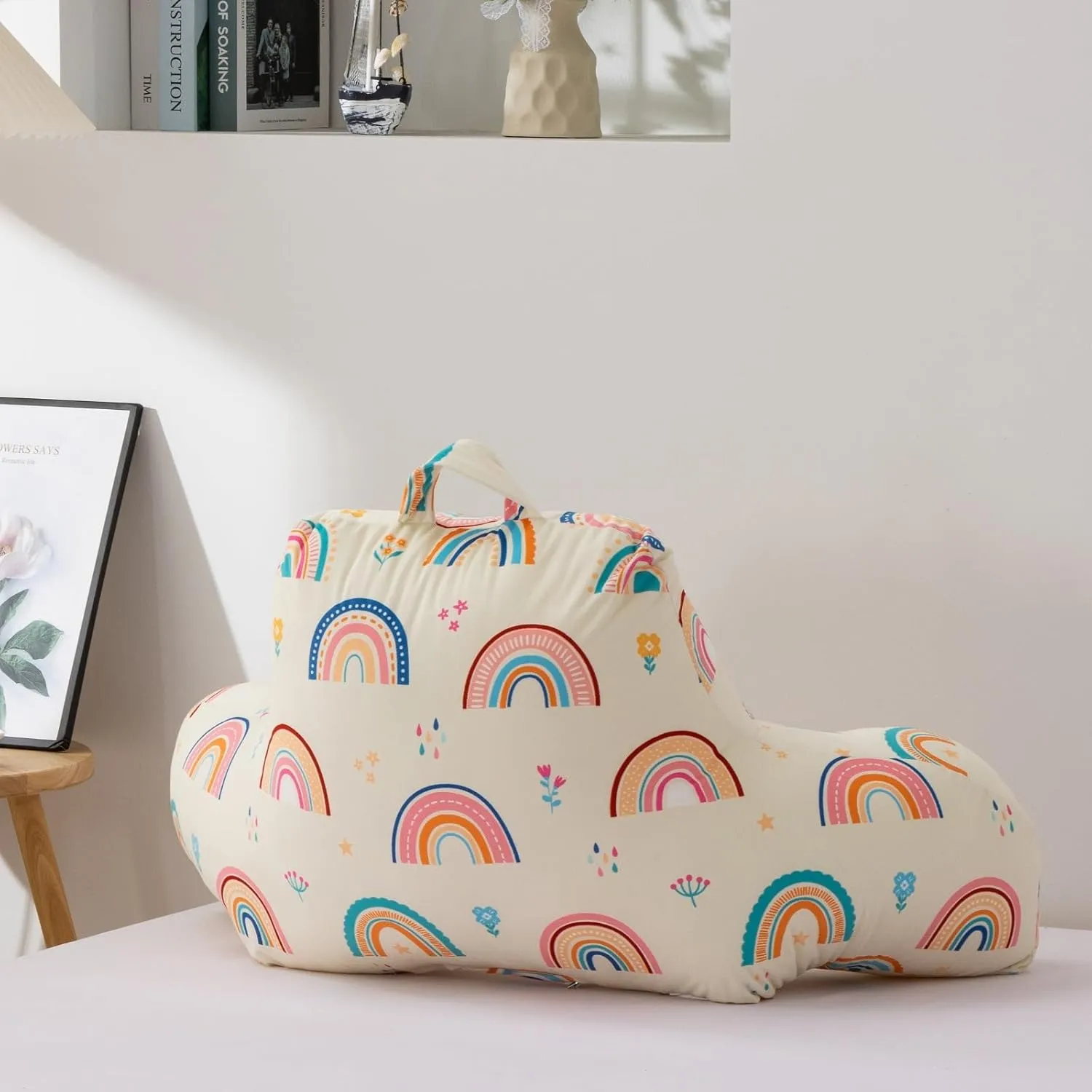 A Nice Night Kids Back Reading Pillow for Reading and Watching TV Bed Pillow, Cartoon Love Hearts Flowers and Grass Printed，with Matching Cushion Cover