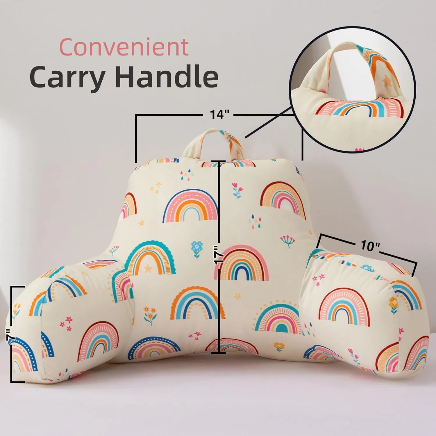 A Nice Night Kids Back Reading Pillow for Reading and Watching TV Bed Pillow, Cartoon Love Hearts Flowers and Grass Printed，with Matching Cushion Cover