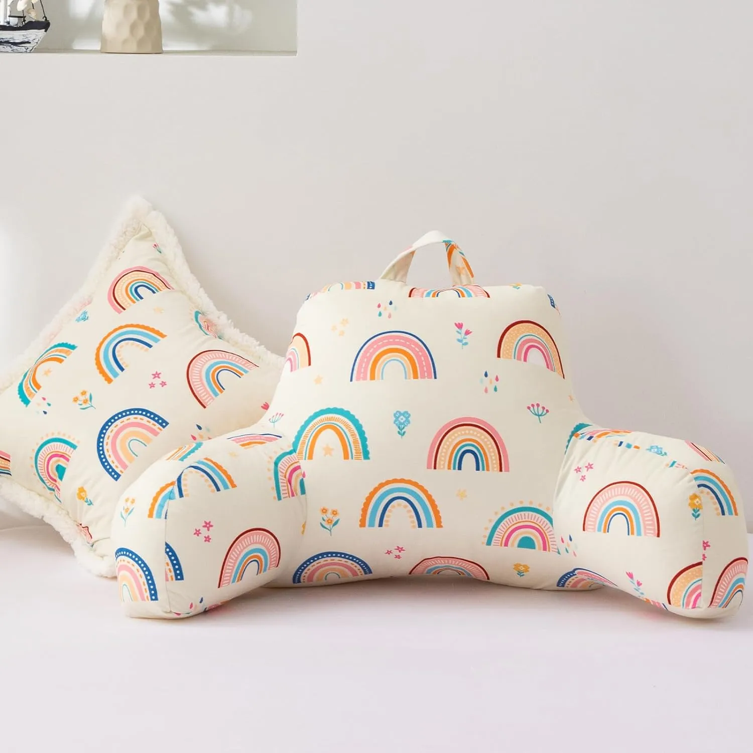 A Nice Night Kids Back Reading Pillow for Reading and Watching TV Bed Pillow, Cartoon Love Hearts Flowers and Grass Printed，with Matching Cushion Cover
