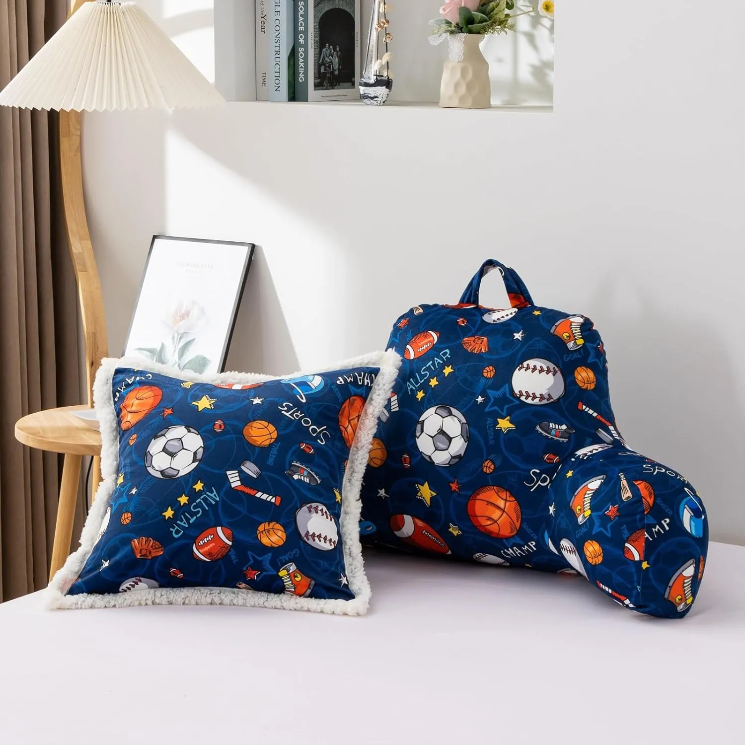 A Nice Night Kids Back Reading Pillow for Reading and Watching TV Bed to Lounge, Basketball Football Baseball Sports Party Printed，with Matching Cushion Cover