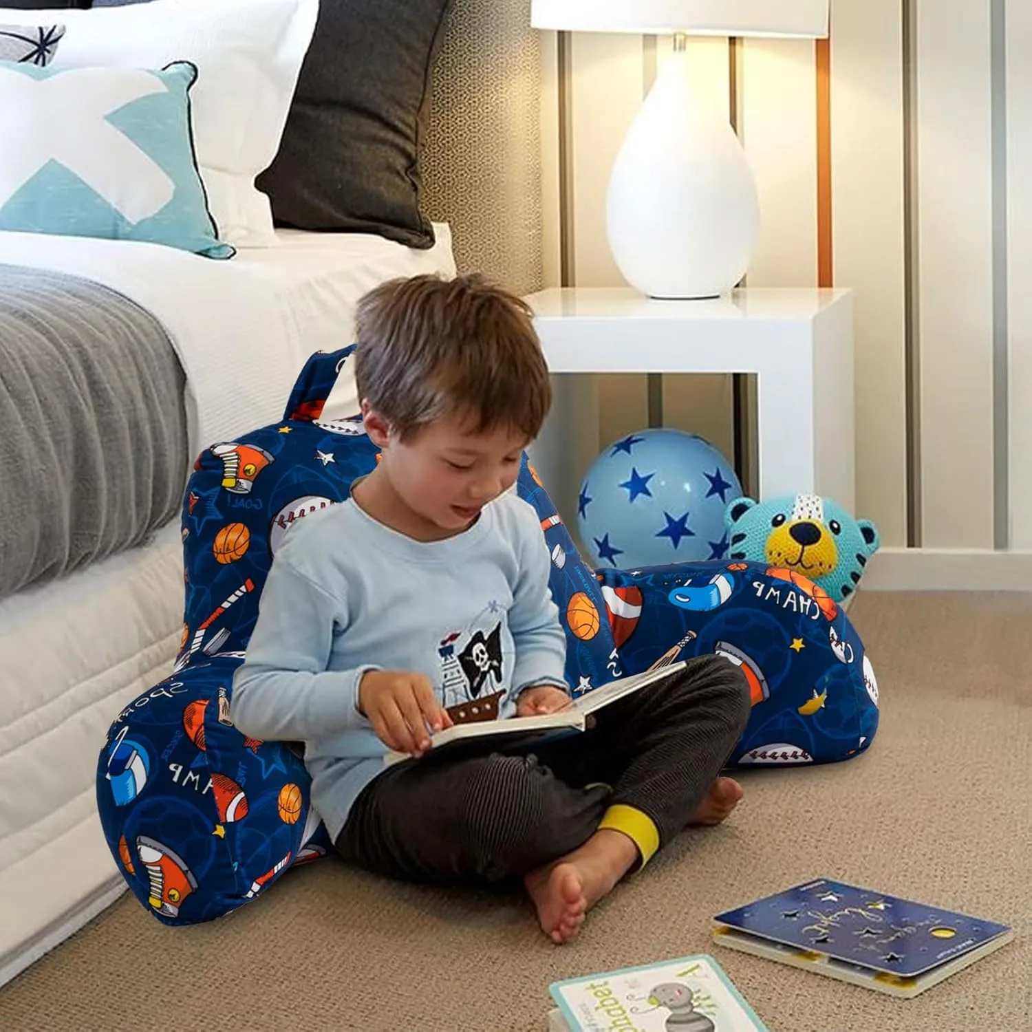 A Nice Night Kids Back Reading Pillow for Reading and Watching TV Bed to Lounge, Basketball Football Baseball Sports Party Printed，with Matching Cushion Cover