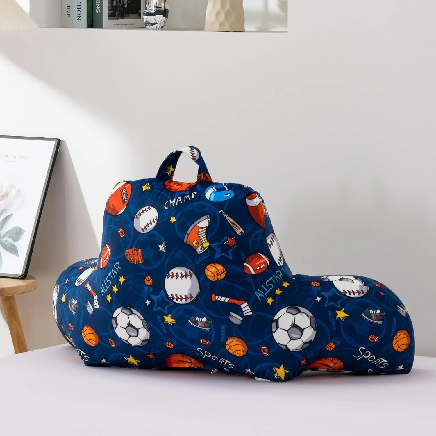 A Nice Night Kids Back Reading Pillow for Reading and Watching TV Bed to Lounge, Basketball Football Baseball Sports Party Printed，with Matching Cushion Cover