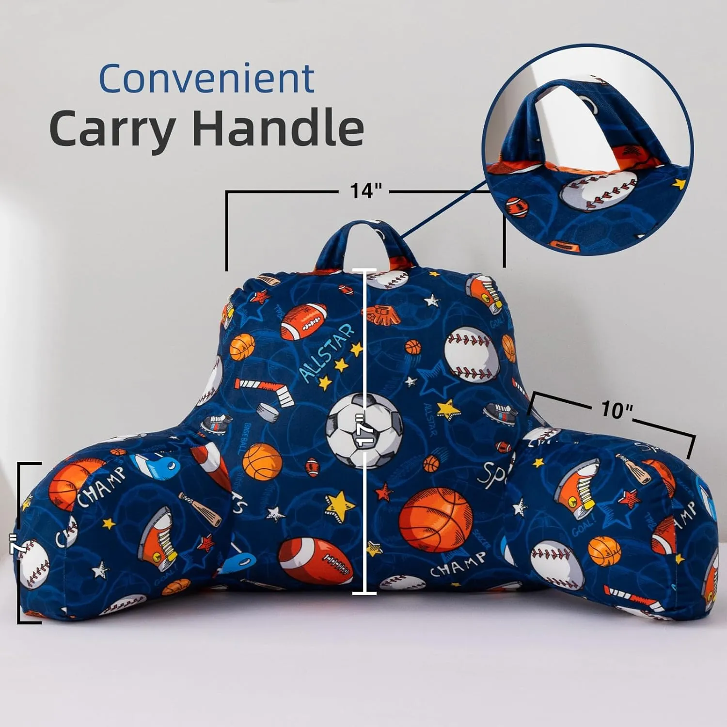 A Nice Night Kids Back Reading Pillow for Reading and Watching TV Bed to Lounge, Basketball Football Baseball Sports Party Printed，with Matching Cushion Cover
