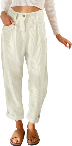Acelitt Women's Corduroy Pants Trousers High Waisted 2024 Casual Trendy Comfy Fall Straight Leg Cropped Pants White Large
