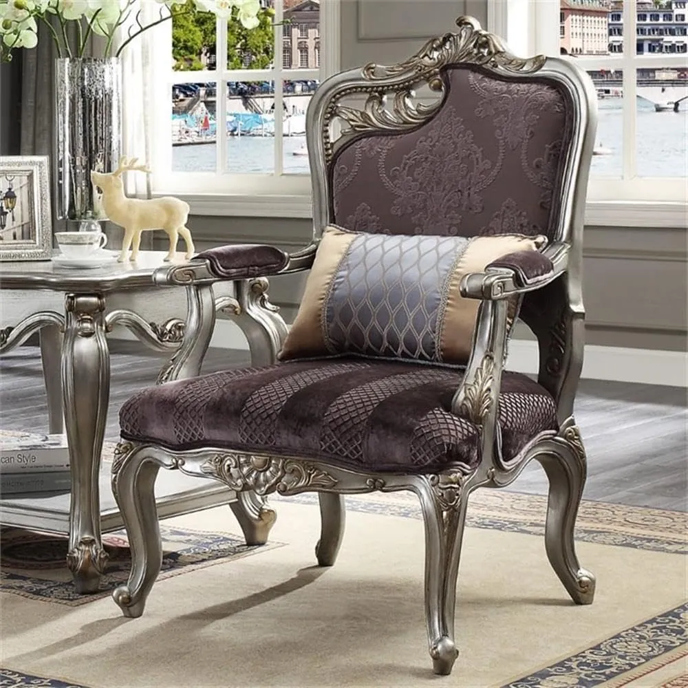 Acme Picardy Chair with 1 Pillow in Velvet and Antique Platinum