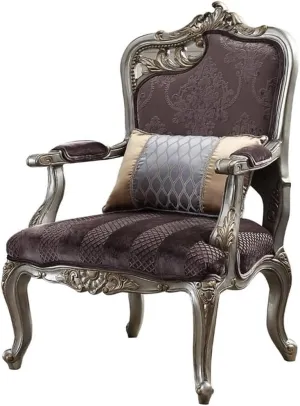 Acme Picardy Chair with 1 Pillow in Velvet and Antique Platinum