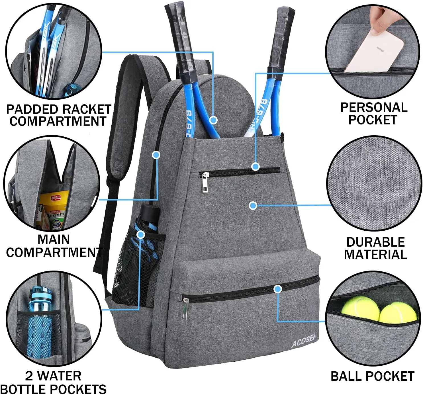 ACOSEN Tennis Bag Tennis Backpack - Large Tennis Bags for Women and Men to Hold Tennis Racket,Pickleball Paddles, Badminton Racquet, Squash Racquet,Balls and Other Accessories