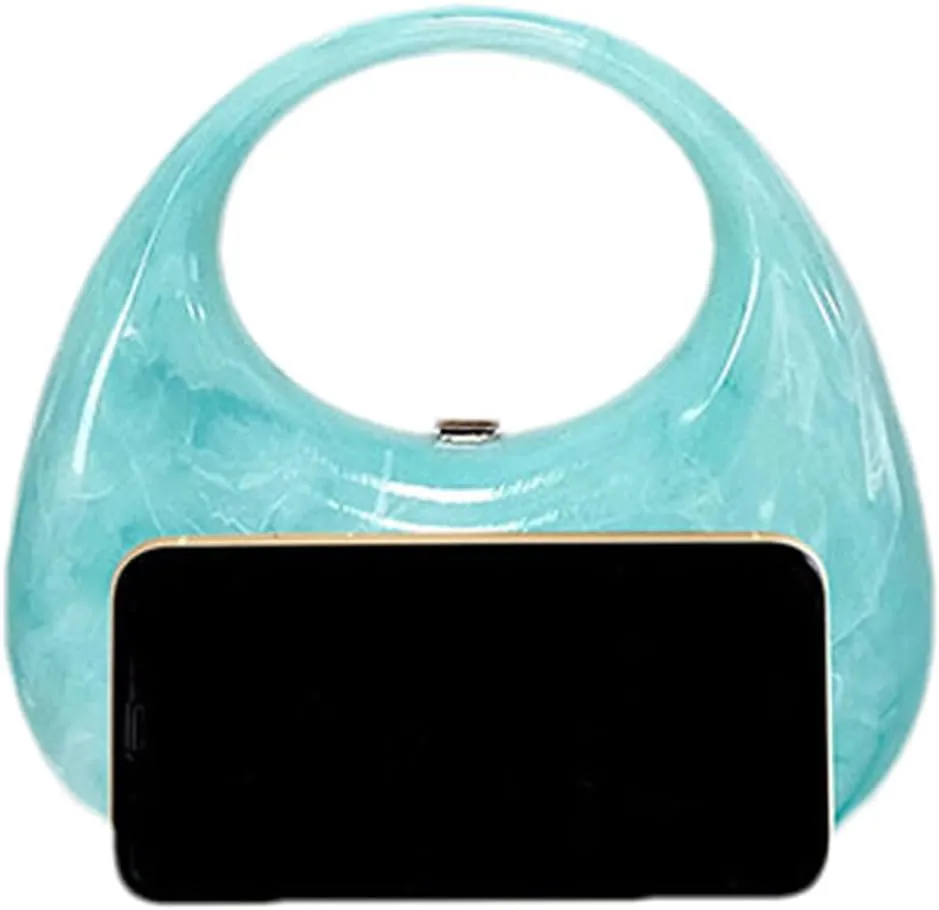 Acrylic Evening Clutch Purse Top-handle Moon Hobo Bag, Elegant Marble Handbag for Wedding Cocktail Party