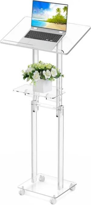 Acrylic Podium Stand Portable, Rolling Podium with Wheels, Clear Podium with Storage Shelf, Lockable Wheels, Adjustable Height pulpits for Churches, Classroom, Weddings, Speech ﻿