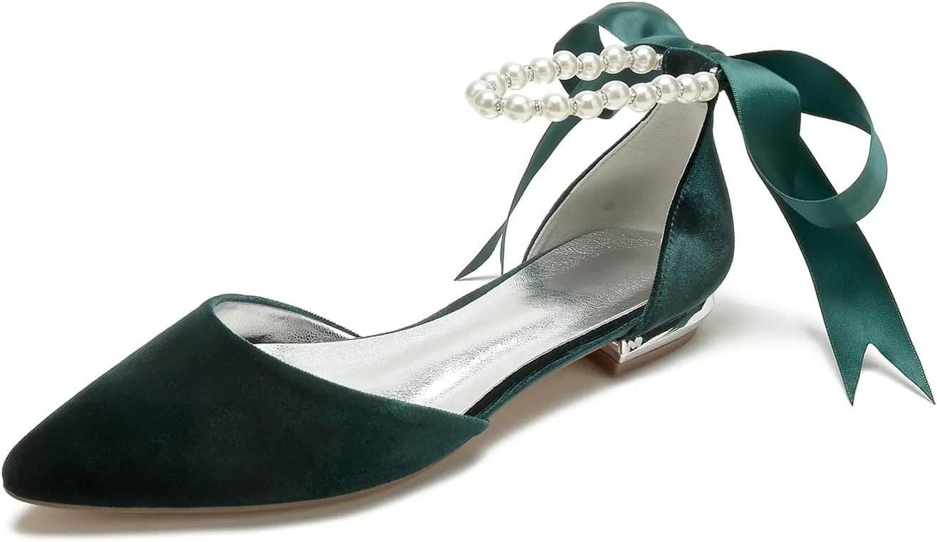 ADMLZQQ Women Velvet Wedding Flats Shoes for Bride Pointed Toe Prom Evening Bridal Party Dress Flats