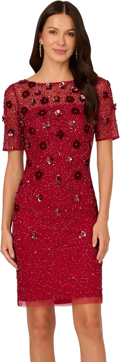 Adrianna Papell Women's Velvet Embellish Mesh Dress