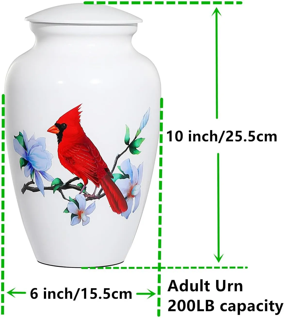 Adult Urn for Human Ashes, Red Cardinal Cremation Urn, White Funeral Urn, Decorative Urn, Large Memorial Urn with Velvet Bag, up to 200 Lbs Capacity