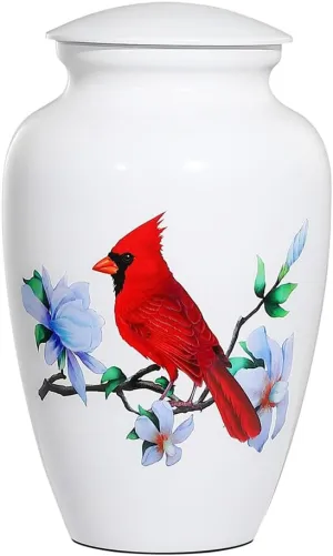 Adult Urn for Human Ashes, Red Cardinal Cremation Urn, White Funeral Urn, Decorative Urn, Large Memorial Urn with Velvet Bag, up to 200 Lbs Capacity