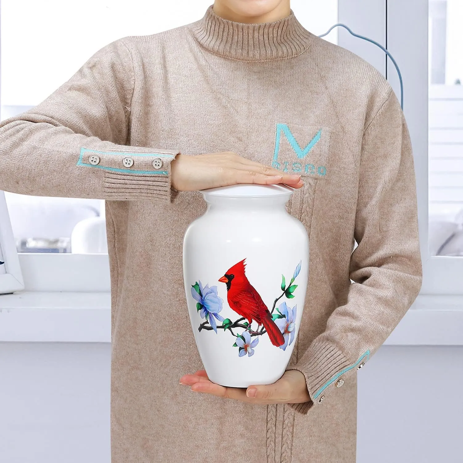 Adult Urn for Human Ashes, Red Cardinal Cremation Urn, White Funeral Urn, Decorative Urn, Large Memorial Urn with Velvet Bag, up to 200 Lbs Capacity