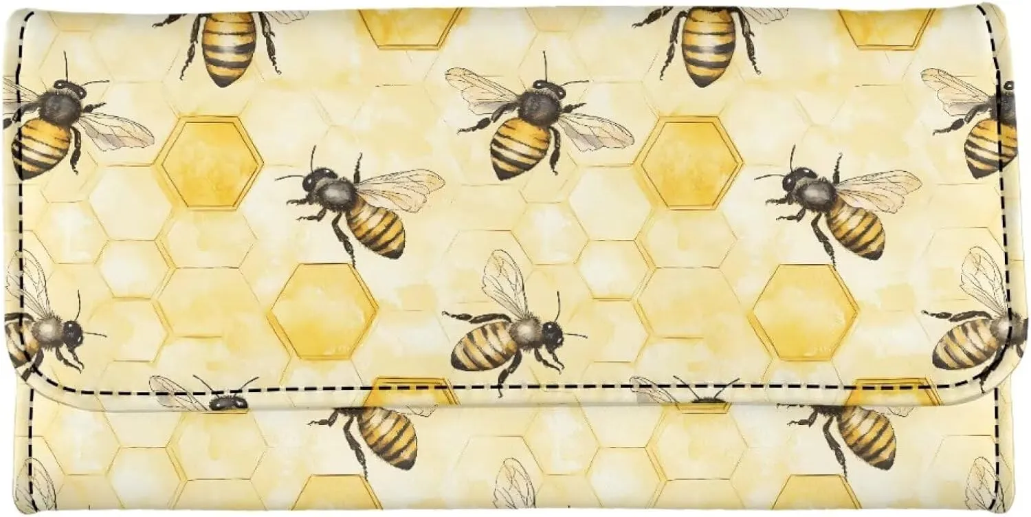 AFPANQZ Cute Bee Hive Honey Long Clutch for Ladies Girls Large Luxury Women's RFID Blocking Tri-fold Leather Wallet Zipper Travel Purse Big Capacity Phone Holder Coin Zip Pocket Multi Cards, Yellow