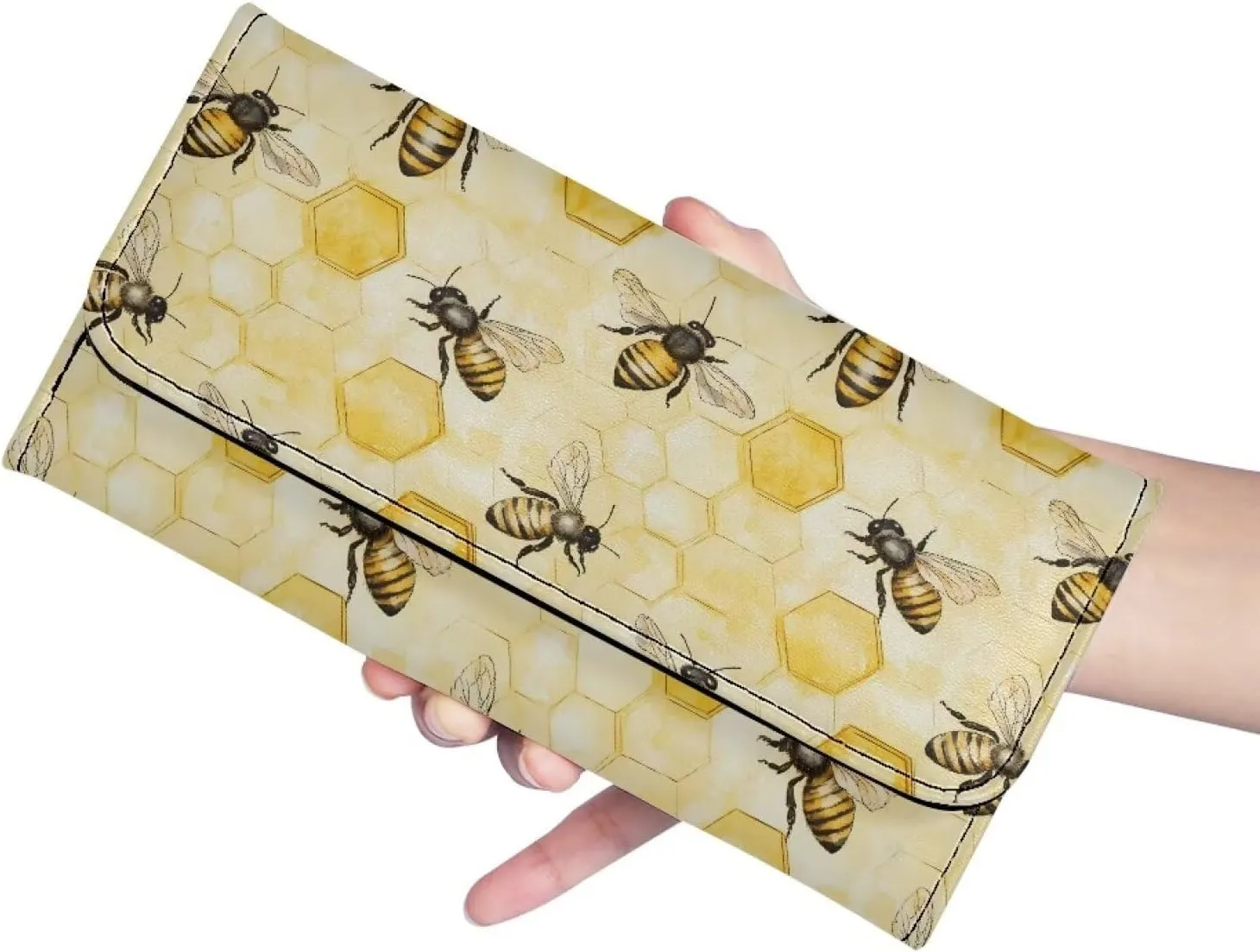 AFPANQZ Cute Bee Hive Honey Long Clutch for Ladies Girls Large Luxury Women's RFID Blocking Tri-fold Leather Wallet Zipper Travel Purse Big Capacity Phone Holder Coin Zip Pocket Multi Cards, Yellow