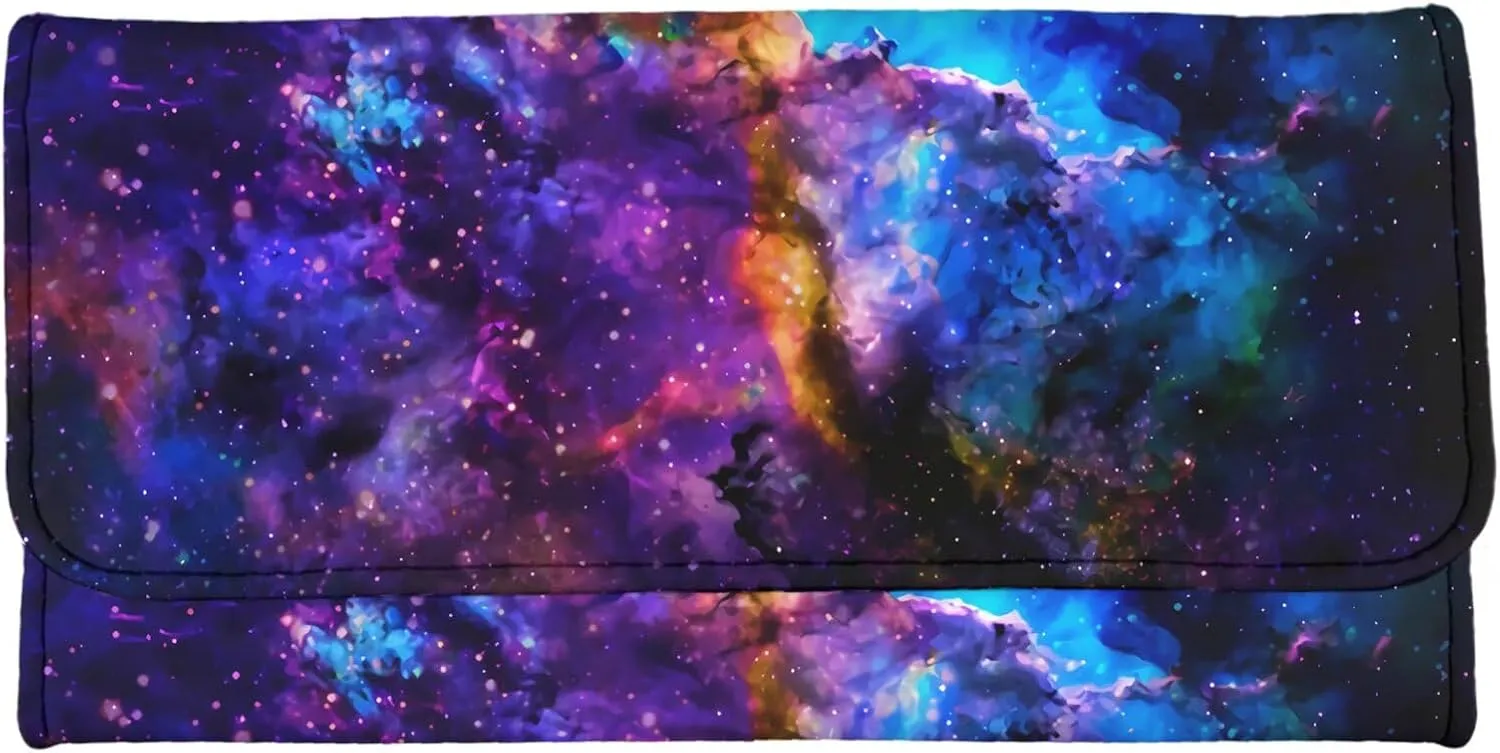 AFPANQZ Nebula Galaxy Print Leather Wallets for Women RFID Blocking Checkbook Wallet with Credit Card Slots Phone Holder Trifold Purses Zip Coins Pocket, Buckle Closure Clutch Purple Blue
