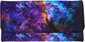 AFPANQZ Nebula Galaxy Print Leather Wallets for Women RFID Blocking Checkbook Wallet with Credit Card Slots Phone Holder Trifold Purses Zip Coins Pocket, Buckle Closure Clutch Purple Blue