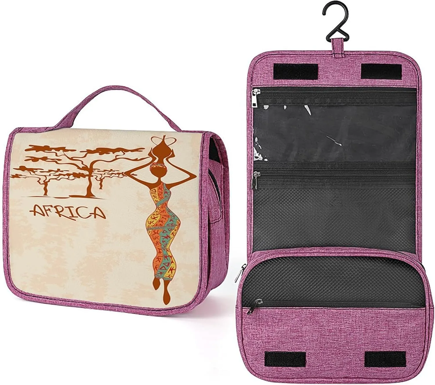 Africa Print,Waterproof Travel Toiletry Hanging Bag,Illustration Slim Indigenous Girl,Makeup bag,Travel Organizers,Cosmetic Travel-Sized Container,Large Capacity for Women,Brown