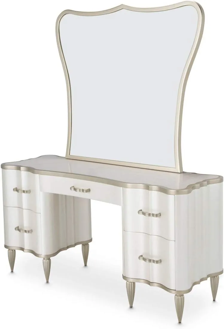 Aico Amini London Place 2 PC Vanity & Mirror Set in Creamy Pearl