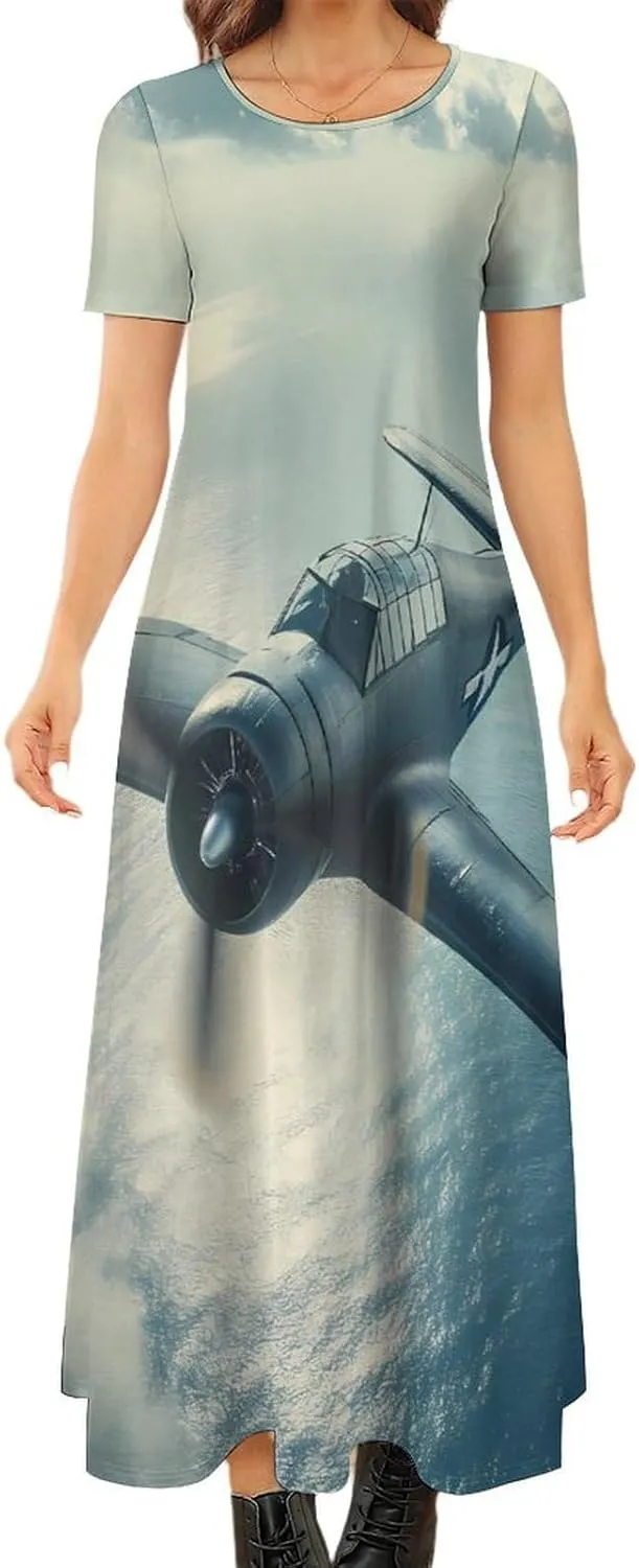 Airplane Aviation Women's Maxi Dress Short Sleeve Summer Long Evening Dresses