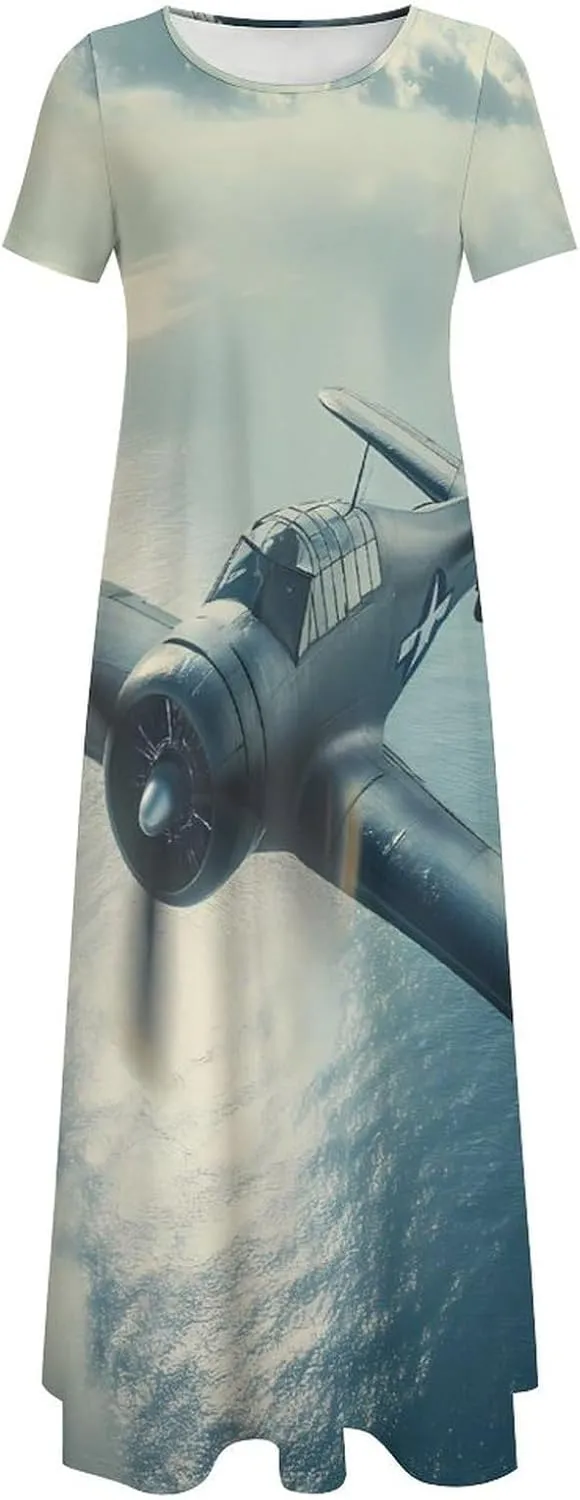 Airplane Aviation Women's Maxi Dress Short Sleeve Summer Long Evening Dresses