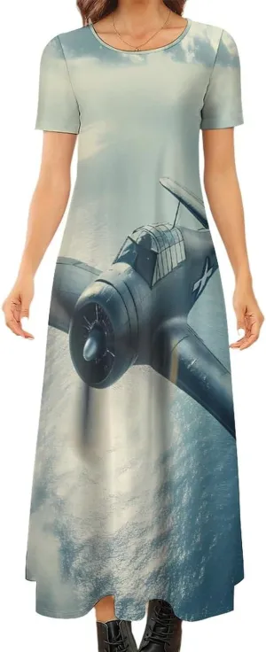 Airplane Aviation Women's Maxi Dress Short Sleeve Summer Long Evening Dresses