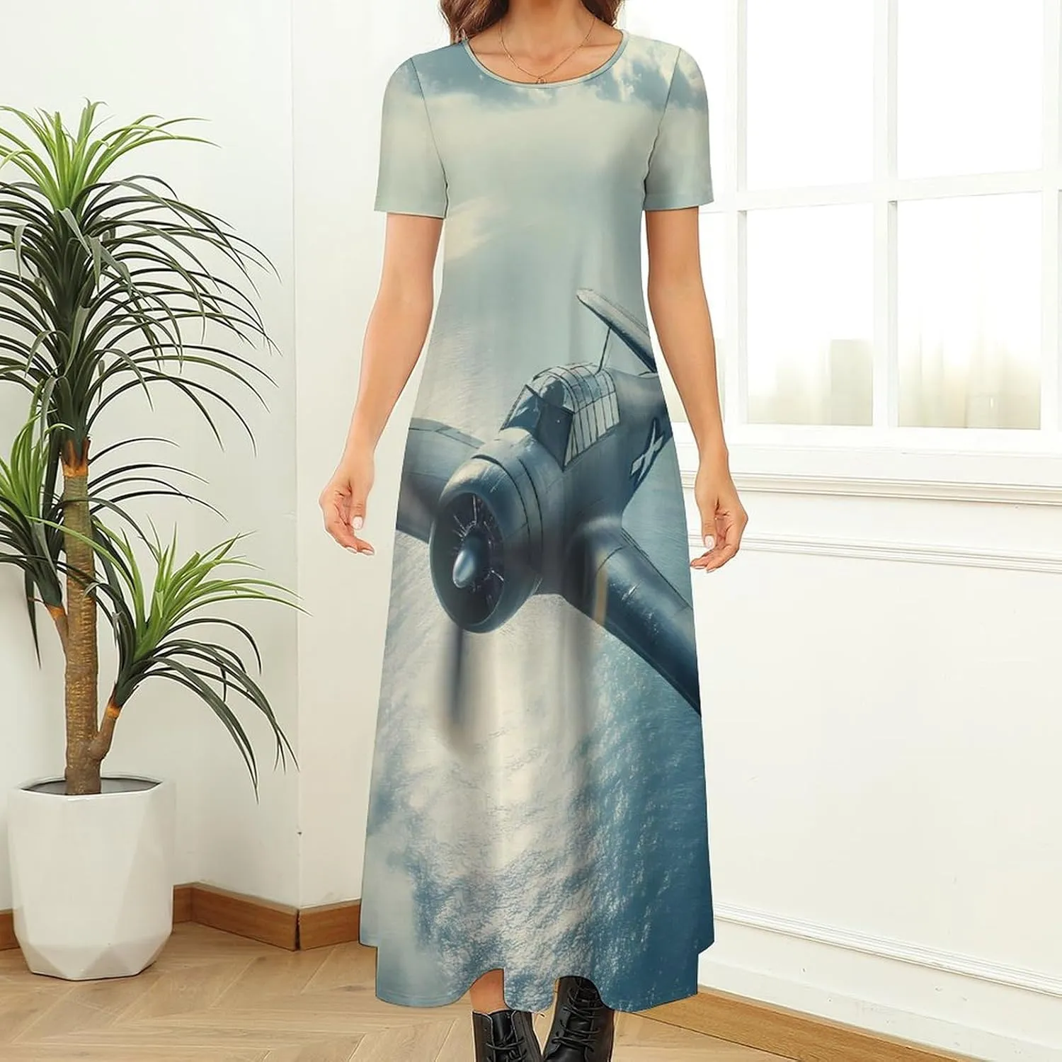 Airplane Aviation Women's Maxi Dress Short Sleeve Summer Long Evening Dresses