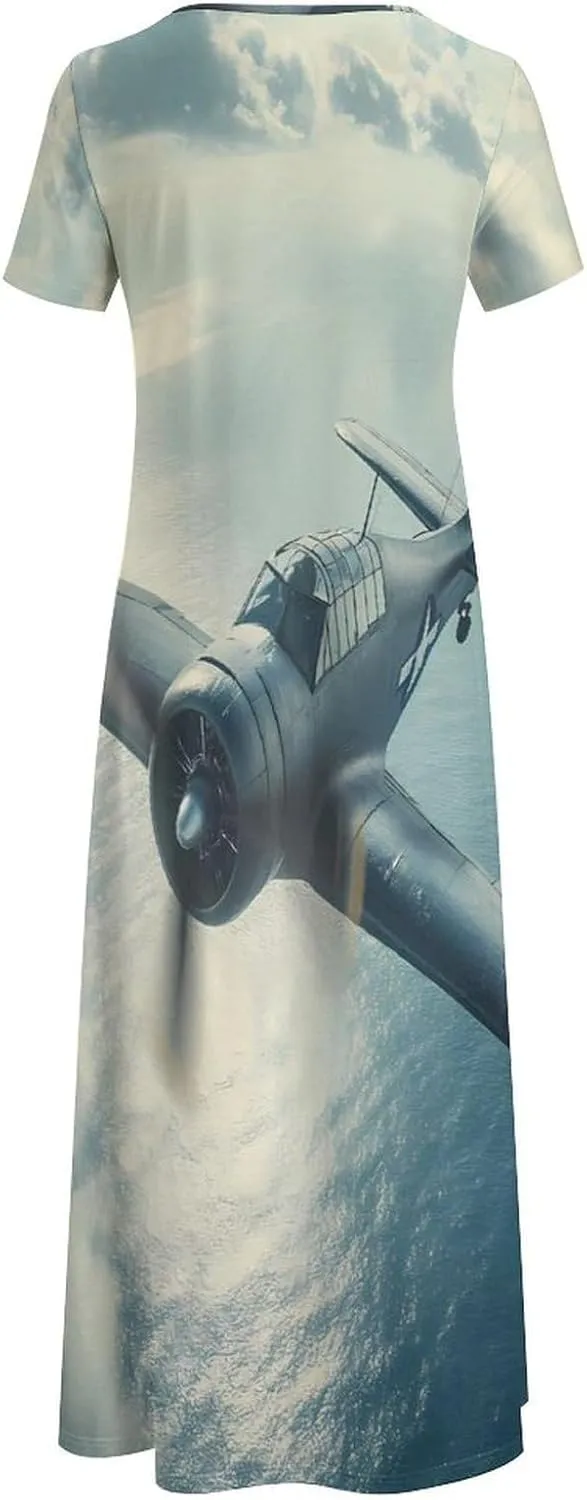 Airplane Aviation Women's Maxi Dress Short Sleeve Summer Long Evening Dresses