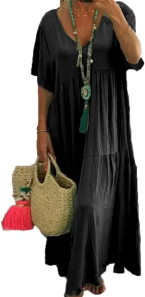 Akivide Womens Oversized Baggy Flowy Cotton Linen Maxi Dresses Summer Beach V Neck Casual Loose Floor Length Long Dress