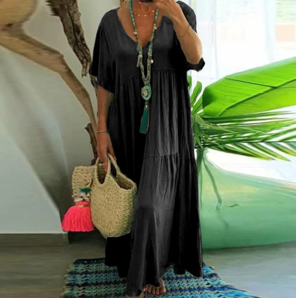 Akivide Womens Oversized Baggy Flowy Cotton Linen Maxi Dresses Summer Beach V Neck Casual Loose Floor Length Long Dress