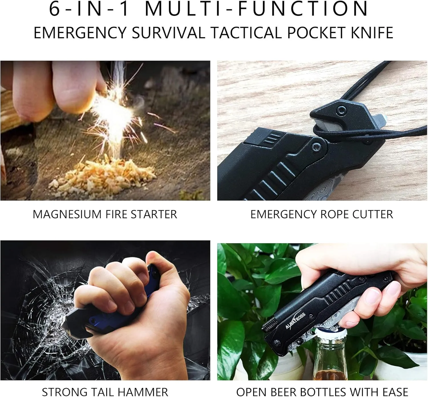 ALBATROSS 6-in-1 Modern Damascus Steel Folding Pocket Knives with LED Light,Seatbelt Cutter,Glass Breaker,Magnesium Fire Starter,Bottle Opener;Multi-Function Emergency Tool(Black-DA)